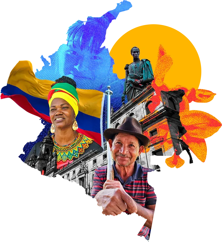 Collage sobre el mapa de Colombia: la bandera, una mujer afrocolombiana con turbante, un campesino con sombrero, la estatua de Bolívar, el Capitolio y una orquídea.