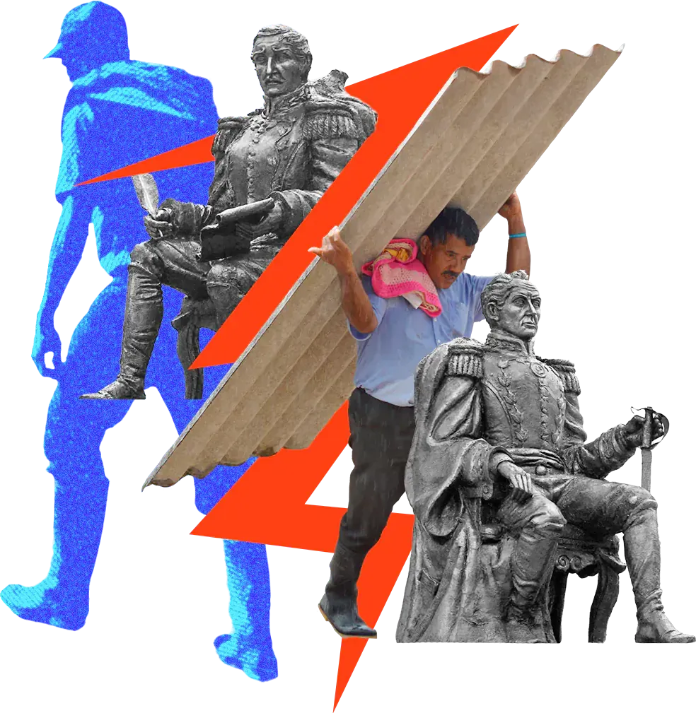 Collage: una silueta azul, estatuas de próceres y un hombre que carga una lámina de zinc, separados por un rayo rojo.